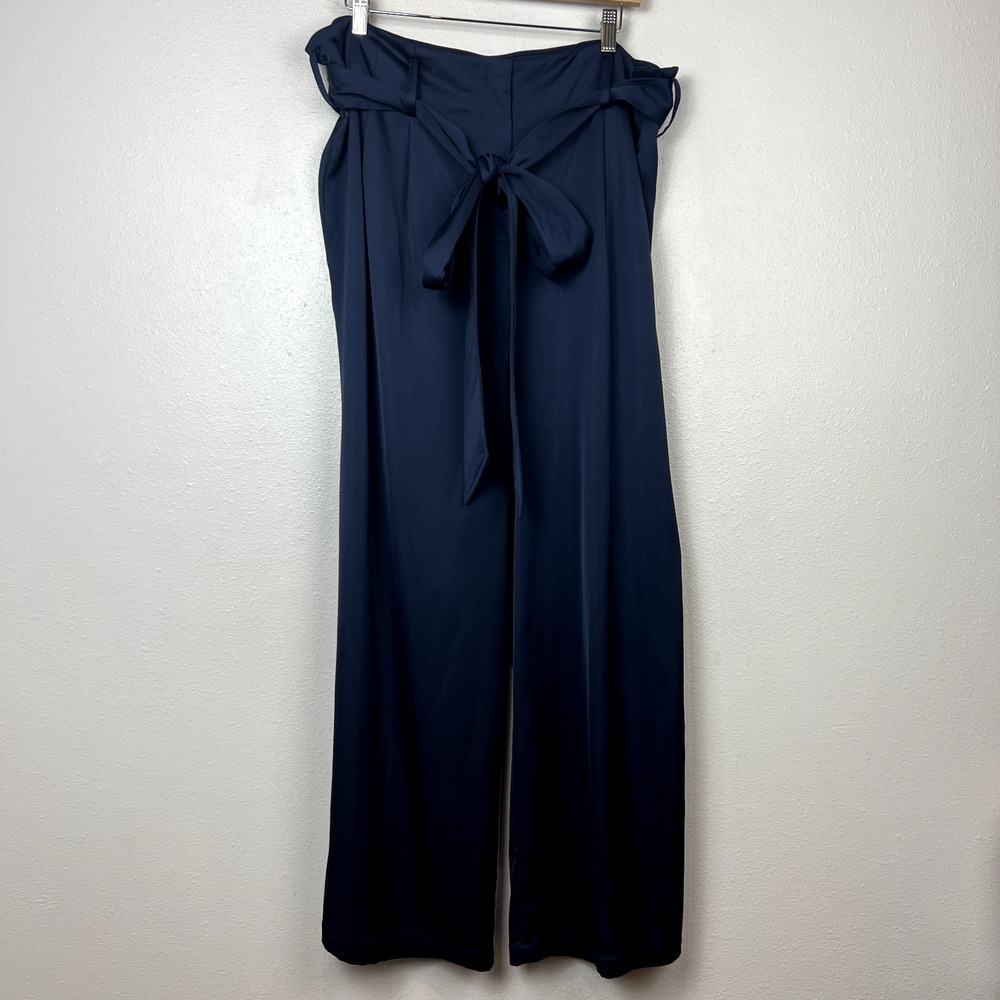 Universal Standard Satin Pants Tresa Wide Leg High Waist Tie M 18-20 Navy Blue